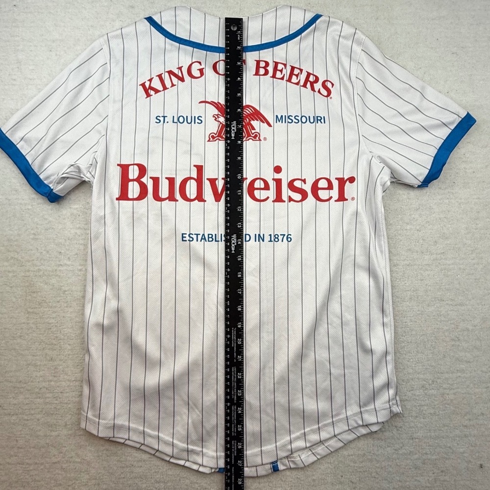 Budweiser Baseball Jersey Mens Small White Blue Pinstripe King of Beers Graphic - Picture 7 of 9